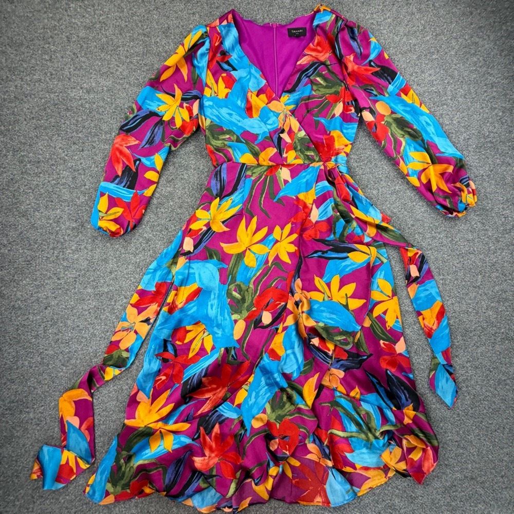 Tahari ASL Womens Pink Floral Faux Wrap Ruffle Midi Dress Long Sleeve Size 12 - Picture 2 of 12